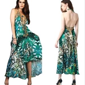Manish Vaid Green/White/Gold Ornate Marbled Beaded Halter Resortwear Maxi Dress